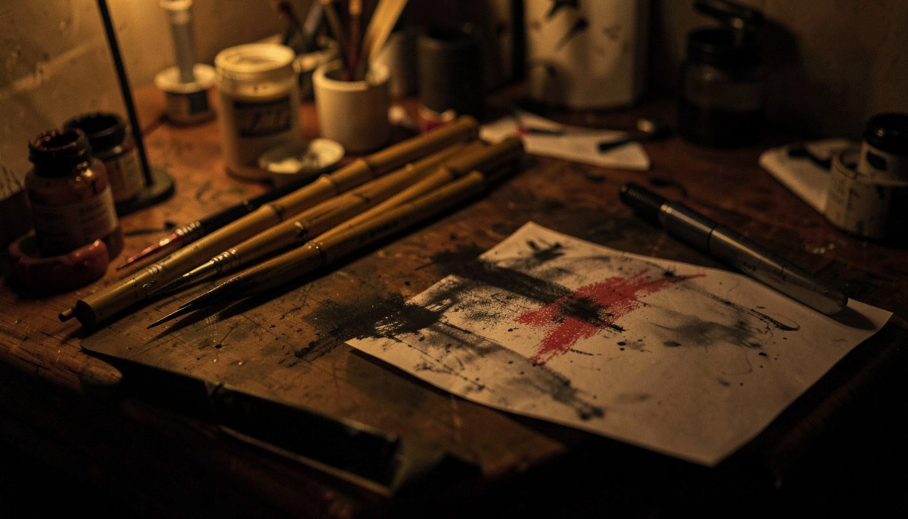 A dimly lit tattoo studio interior with warm amber tones, bamboo tools resting on a dark wooden table beside ink pots, soft shadows across the workspace.
